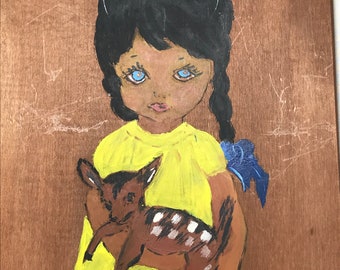 Vintage Big Head Eye Girl of Color Fawn Painting on Wood 17x9 Handmade Wall Art