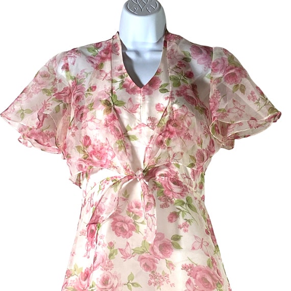 Vintage 80s Pink Floral Halter Maxi Dress Cape Sz… - image 3