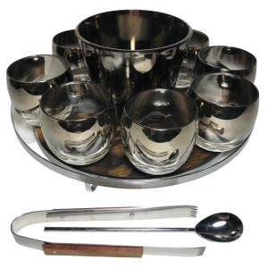 Vintage Mid Century Silver Fade Bar Set 8 Roly Poly Glasses Ice Bucket Utensils