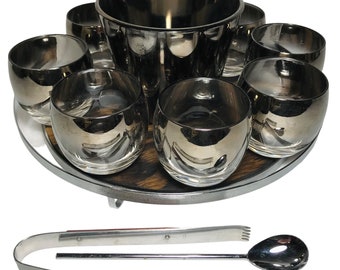Vintage Mid Century Silver Fade Bar Set 8 Roly Poly Glasses Ice Bucket Utensils