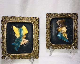 2 Vintage Chalkware Silhouette Plaques Sculptures 1800s Man Woman Wall Art 8x7