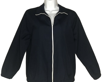 Vintage Womens 1980s Jacket Small Navy Canvas White Zipper Shoulder Pads Koret CRISP