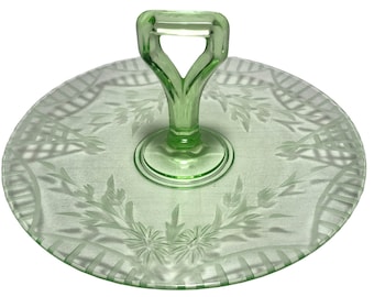 Vintage Vaseline Uranium Green Glass Serving Tray Mid Century Hors d'oeuvre Dish 10 in