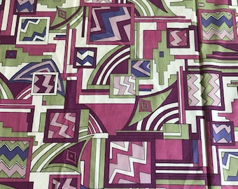 3 Yds 70s Geometric Mod Fabric Polished Cotton Purple Green Vintage Remnant 45x111