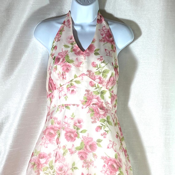 Vintage 80s Pink Floral Halter Maxi Dress Cape Sz… - image 5