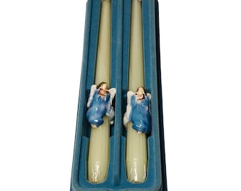 80s Vintage Blue Ceramic Angel Taper Candle Huggers Rings Avon Weiss Brazil New Old Stock