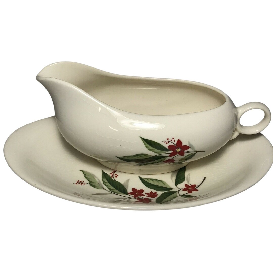 Vintage Christmas Gravy Boat Plate Set Mid Century Poinsettia Floral