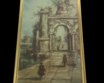 Mid Century Framed Old World Print De Corsi Entrata Del Lago Vintage Art 32x19