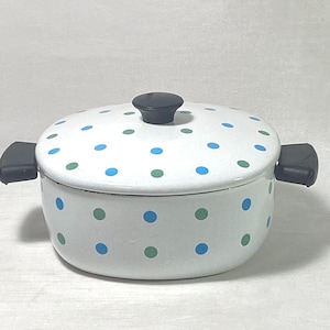 Vintage Blue Green Polka Dot White Enamel Pot with Lid 2 Qt Dutch Oven Casserole