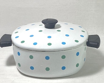 Vintage Blue Green Polka Dot White Enamel Pot with Lid 2 Qt Dutch Oven Casserole