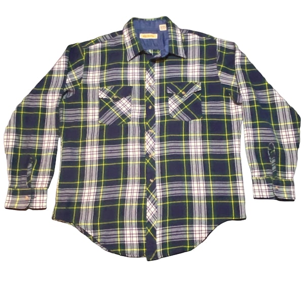 Vintage J P Austin Mens XL Green Blue Plaid Button Up Shirt Permanent Press