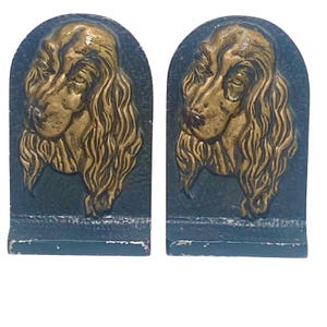 Vintage Cast Metal Spaniel Dog Bookends Set of 2 Painted Black Gold 7 inch