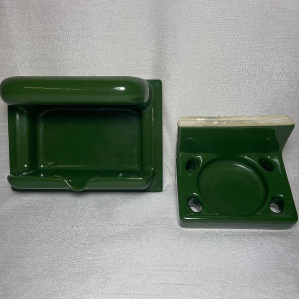Vintage Green Wall Mount Recessed Ceramic Soap Dish Tooth Brush Holder Set USA