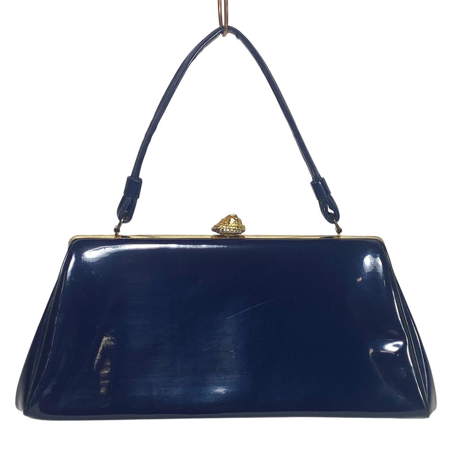 Vintage 50s Navy Blue Patent Leather Purse Handbag Snap Closure