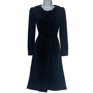 Vintage 80s 90s Black Velvet Dress Small Long Sleeve Cowl Neck Belted