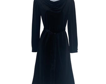 Vintage 80s 90s Black Velvet Dress Small Long Sleeve Cowl Neck Belted