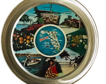 Vintage 60s Tin Florida Souvenir Tray 11 in Travel Memorabilia Photos Map MCM