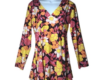 Vintage MOD Hippie Blouse Flower Power Flowy Top Polyester 60s Sz S Pink Yellow