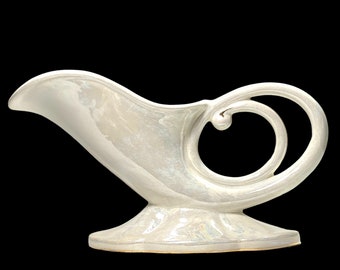 Vintage MCM White Iridescent Cornucopia Vase Gloss Pearl Gold Accent Regency 60s