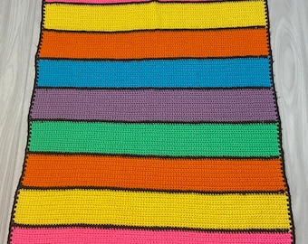 Handmade Crochet Afghan Baby Crib Lap Blanket Rainbow Bright Stripe 39x31 in