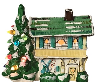 Lighted Winter Ski Chalet Lodge Ceramic House Christmas Tree Handmade 7x5x4
