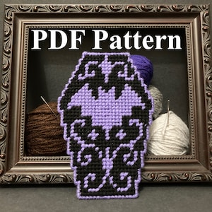 Plastic Canvas Pattern, Vampire Coffin, PDF Downloadable Pattern, Fancy Bat, Halloween Patterns, Halloween Coaster Pattern