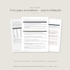 May include: A multi-page real estate guide titled What's Inside Forty pages, seven phases &mdash; prep to closing day. The document includes a checklist titled Getting Your Numbers and Plans in Order, Atlanta market notes, and paint guidance for home sellers.