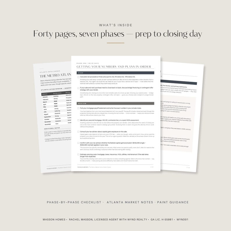May include: A multi-page real estate guide titled What's Inside Forty pages, seven phases &mdash; prep to closing day. The document includes a checklist titled Getting Your Numbers and Plans in Order, Atlanta market notes, and paint guidance for home sellers.