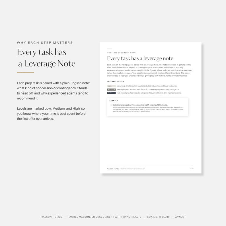May include: A white document page titled Every task has a leverage note, featuring text explaining leverage levels and an example box. The document includes sections on how the document works, leverage levels, and Masson Homes branding at the bottom.