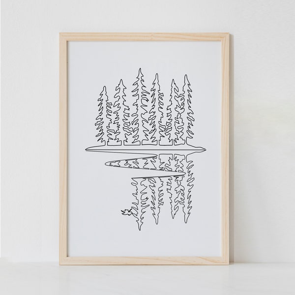 Pine Forest One-Line Art, Wilderness Drawing, Reflections on Lake, Evergreen, Minimalist Landscape, Black and White Nature Poster, Printable