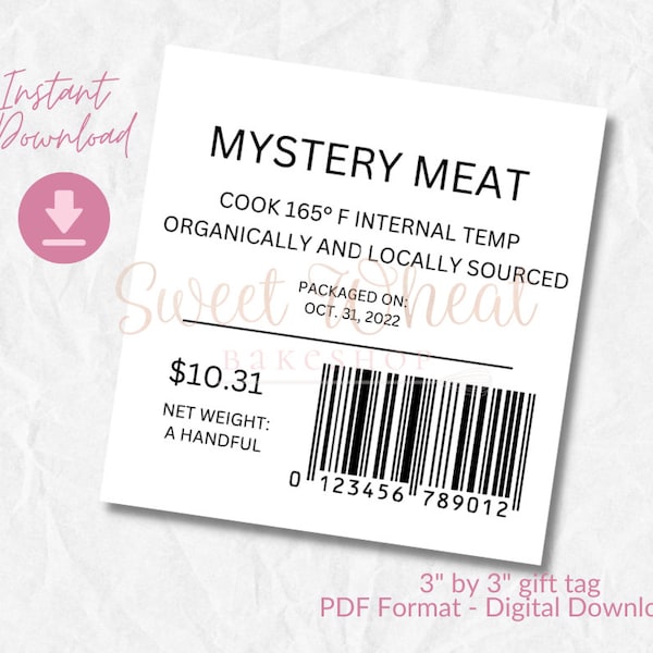 Instant Download, Mystery Meat, Printable 3" Square Tag, Halloween Treat Ideas, DIY Meat Sticker, Halloween Meat Label, Fake Meat Label