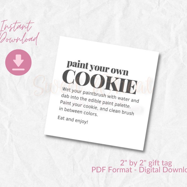 Instant Download PYO Cookie Tag, PYO Cookie, Printable Cookie Directions, PYO Instructions, Minimalist Paint Cookie Tag, Birthday Party