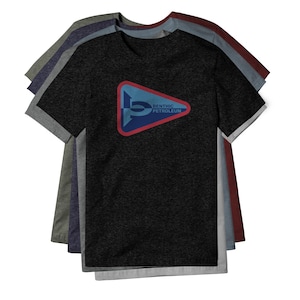 May include: A stack of short-sleeve t-shirts in various colors including charcoal, olive, navy, and maroon. The top charcoal shirt features a triangular logo with a blue and dark blue graphic and the text BENTHIC PETROLEUM in white lettering.