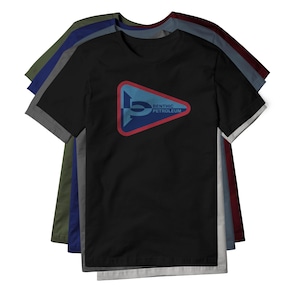 May include: A stack of short-sleeved crew neck t-shirts in various colors including black, olive green, navy blue, gray, and maroon. The top black shirt features a triangular logo with a blue and white BP monogram and the text BENTHIC PETROLEUM.