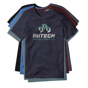 May include: A stack of short-sleeved crew neck t-shirts in various heathered colors including navy, black, blue, and maroon. The top navy shirt features a geometric logo above the white text INITECH and the words Initiative + Technology.
