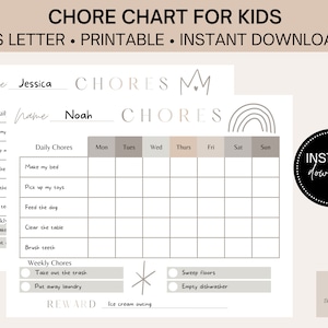 May include: Printable chore chart for kids with a rainbow and mountain design. The chart includes daily and weekly chores with checkboxes for completion. The reward for completing chores is an ice cream outing.