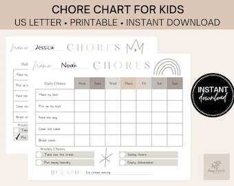 Tabla de tareas familiares imprimible y sistema de recompensas para niños: plantilla de seguimiento semanal de responsabilidades