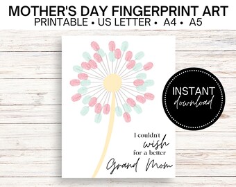 Manual de huellas dactilares de diente de león / Imprimible en el Día de la Madre / Regalo del Día de la Madre a la abuela / Regalo del Día de la Madre / Regalo para la abuela