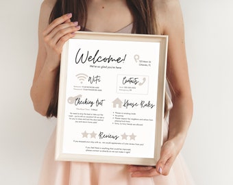 Letrero de bienvenida para alquiler vacacional: Plantilla de Airbnb y VRBO con normas de la casa, información sobre wifi y guía para huéspedes.