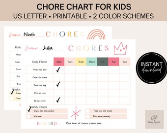 Printable Family Chore Chart: Kids' Weekly Responsibility Checklist & Reward System Template