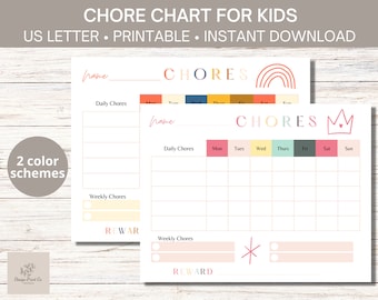 Tabla imprimible de tareas familiares y sistema de recompensas: lista semanal editable para las responsabilidades de los niños