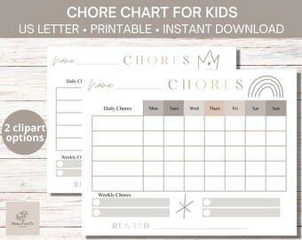 Tabla imprimible de tareas familiares: Seguimiento semanal de responsabilidades y sistema de recompensas para niños