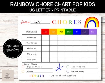 Lista de responsabilidades diarias editable de arcoíris para niños: tabla imprimible de tareas para la escuela y el hogar
