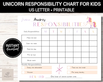 Lista de responsabilidades diarias personalizable para niños: Tabla imprimible de tareas para la escuela y el hogar