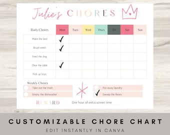 Tabla imprimible de tareas familiares: Lista de responsabilidades semanales para niños y plantilla de sistema de recompensas