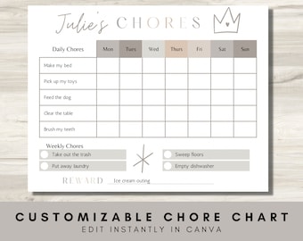Tabla de tareas familiares personalizable: sistema imprimible de recompensas semanales para las responsabilidades de los niños