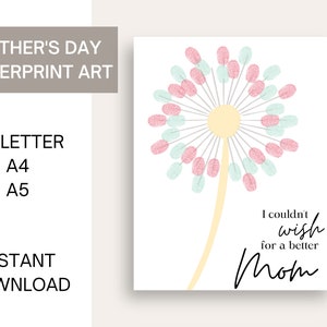 Dandelion Fingerprint Art | Mother&#39;s Day Printable | Mothers Day Gift | Fingerprint Craft | First Mothers Day | DIY Mother&#39;s Day Craft