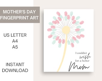 Arte de huellas dactilares de diente de león / Imprimible del Día de la Madre / Regalo del Día de las Madres / Artesanía de huellas dactilares / Primer Día de las Madres / Manualidades del Día de la Madre