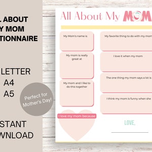 Imprimível para a mãe | Presente para mamãe | Curiosidades sobre a mamãe | Preencha o espaço em branco | Tudo sobre a mamãe | Artesanato para mamãe