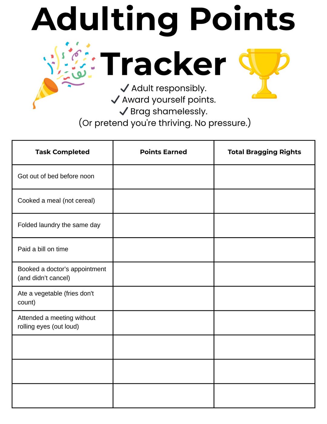 Adulting Points Tracker Printable | Funny Productivity Tracker ...